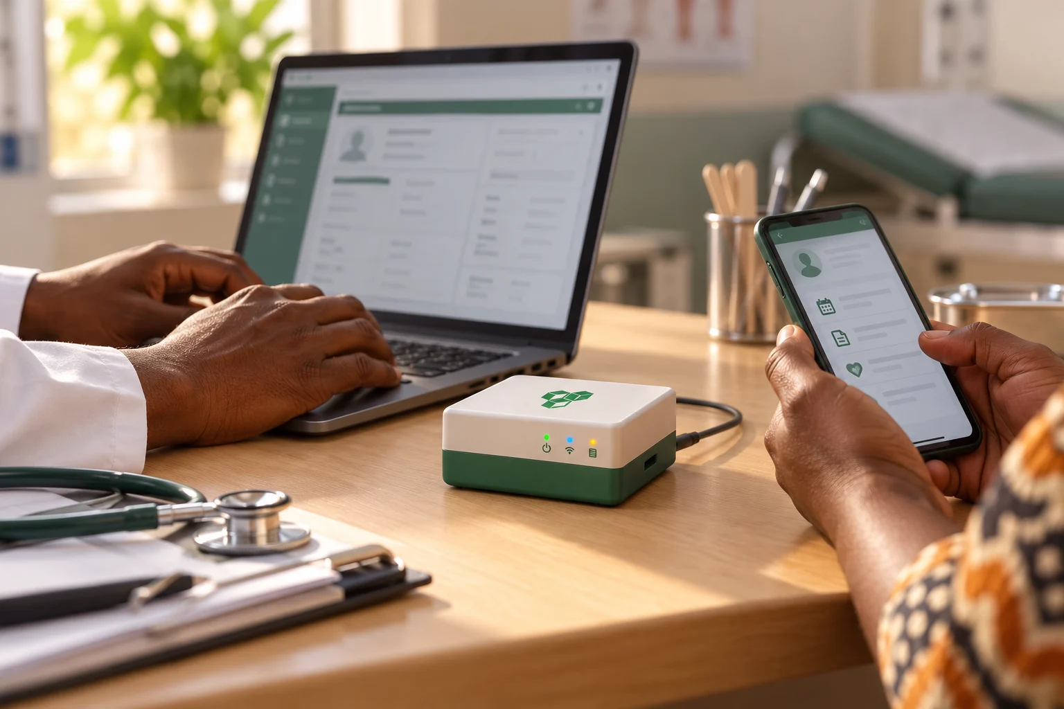 Patient phone, clinic desk and Vault working together